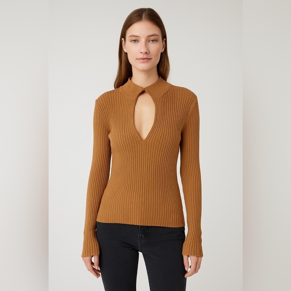 RW&CO. Brown Ribbed Knit Hook & Eye Women's Keyhole Top Size L